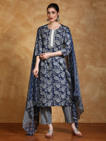 Paisley Printed Round Neck Kurta With Trouser & Dupatta