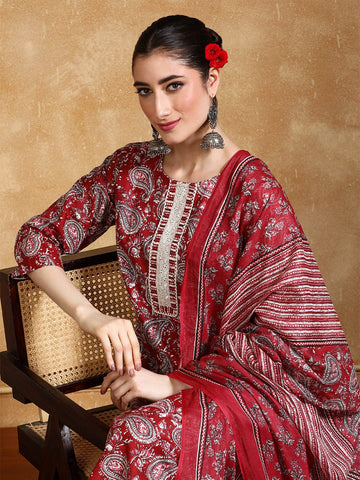Paisley Printed Round Neck Kurta With Trouser & Dupatta