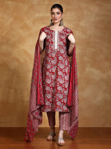 Paisley Printed Round Neck Kurta With Trouser & Dupatta