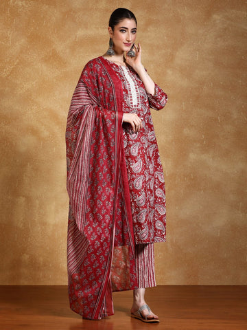 Paisley Printed Round Neck Kurta With Trouser & Dupatta