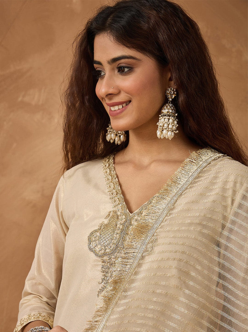 Shimmer Kurta with gold thread embroidery on neck paird with trousers and lurex dupatta