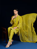 Varanga Kurta Set With 3D Work On The Sleeves Paired With Solid Trousers And Dupatta.