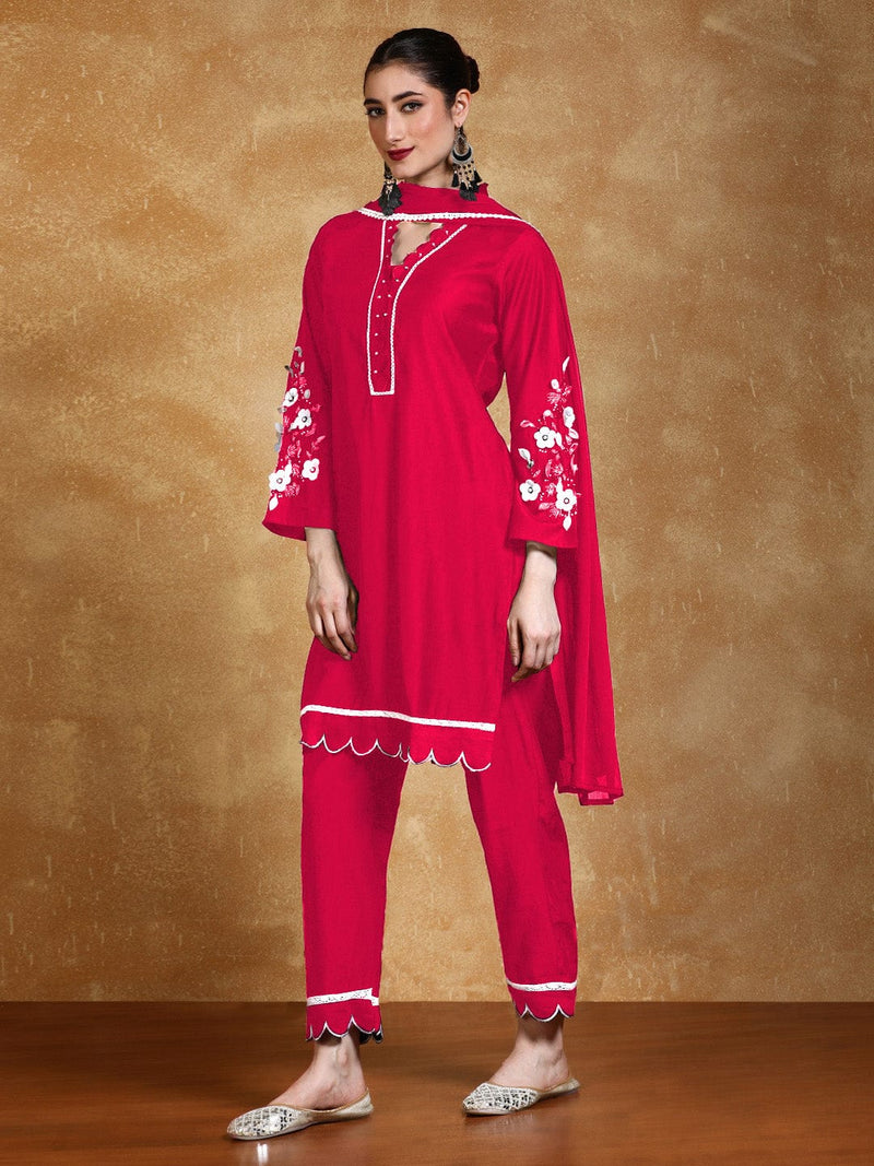 Varanga Women Kurta Set With 3D Work On The Sleeves Paired With Solid Trousers And Dupatta.