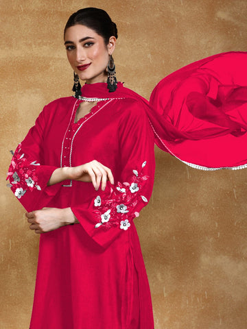 Varanga Women Kurta Set With 3D Work On The Sleeves Paired With Solid Trousers And Dupatta.