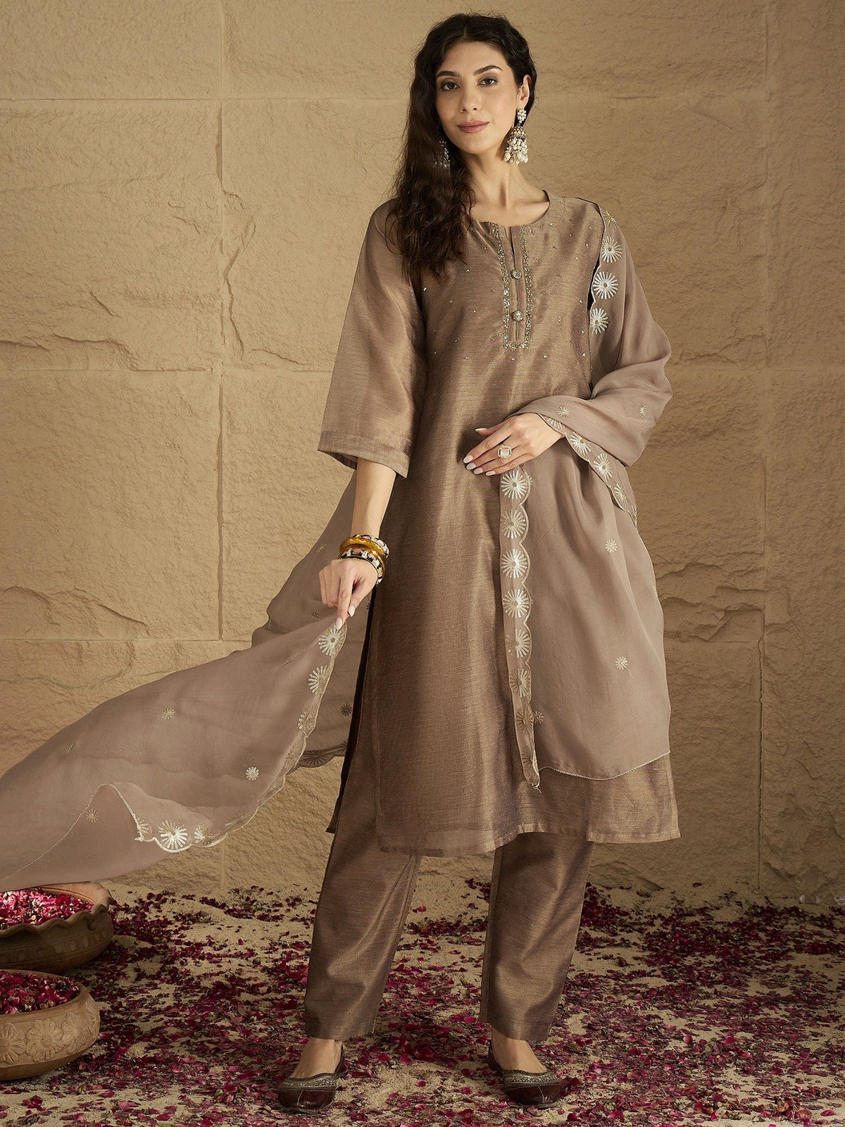 Varanga Women Elegant Three-Piece Brown Shimmer Kurta Set With Sequin Detailing, Solid Ankle-Length Trousers, And An Embroidered Dupatta Perfect For Festive Occasions.