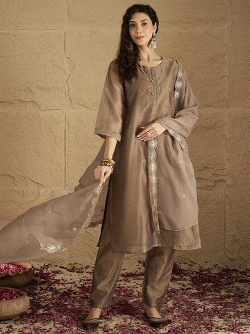 Varanga Women Elegant Three-Piece Brown Shimmer Kurta Set With Sequin Detailing, Solid Ankle-Length Trousers, And An Embroidered Dupatta Perfect For Festive Occasions.