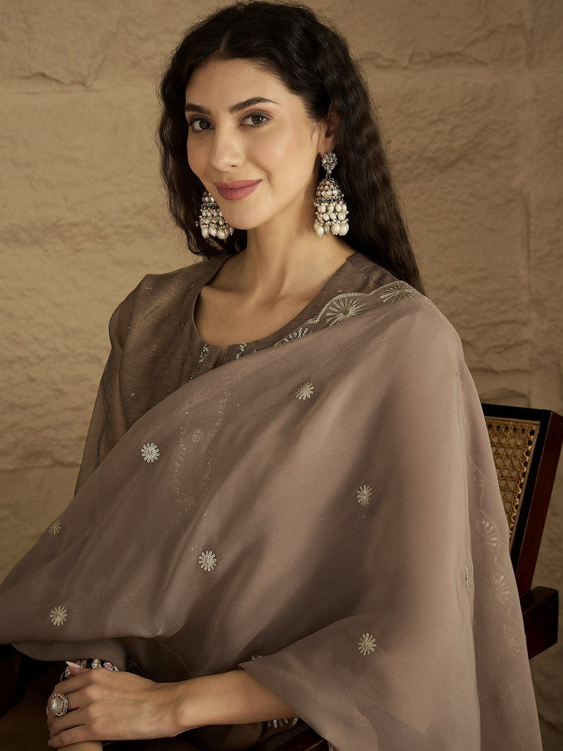 Varanga Women Elegant Three-Piece Brown Shimmer Kurta Set With Sequin Detailing, Solid Ankle-Length Trousers, And An Embroidered Dupatta Perfect For Festive Occasions.