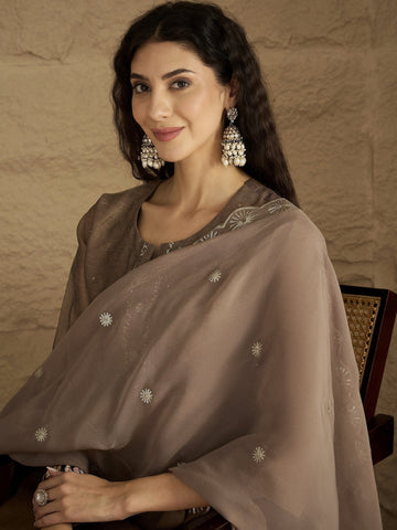 Varanga Women Elegant Three-Piece Brown Shimmer Kurta Set With Sequin Detailing, Solid Ankle-Length Trousers, And An Embroidered Dupatta Perfect For Festive Occasions.
