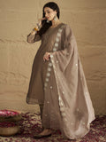 Varanga Women Elegant Three-Piece Brown Shimmer Kurta Set With Sequin Detailing, Solid Ankle-Length Trousers, And An Embroidered Dupatta â€“ Perfect For Festive Occasions.