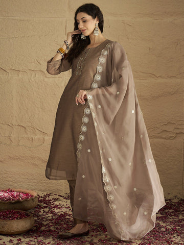 Varanga Women Elegant Three-Piece Brown Shimmer Kurta Set With Sequin Detailing, Solid Ankle-Length Trousers, And An Embroidered Dupatta Perfect For Festive Occasions.