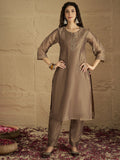Varanga Women Elegant Three-Piece Brown Shimmer Kurta Set With Sequin Detailing, Solid Ankle-Length Trousers, And An Embroidered Dupatta â€“ Perfect For Festive Occasions.