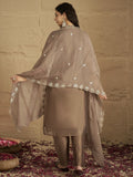 Varanga Women Elegant Three-Piece Brown Shimmer Kurta Set With Sequin Detailing, Solid Ankle-Length Trousers, And An Embroidered Dupatta â€“ Perfect For Festive Occasions.