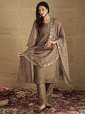 Varanga Women Elegant Three-Piece Brown Shimmer Kurta Set With Sequin Detailing, Solid Ankle-Length Trousers, And An Embroidered Dupatta â€“ Perfect For Festive Occasions.