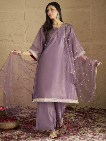 Varanga Women Elegant Three-Piece Brown Shimmer Kurta Set With Sequin Detailing, Solid Ankle-Length Trousers, And An Embroidered Dupatta