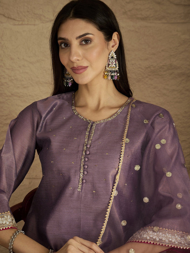 Varanga Women Elegant Three-Piece Brown Shimmer Kurta Set With Sequin Detailing, Solid Ankle-Length Trousers, And An Embroidered Dupatta