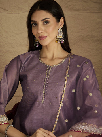 Varanga Women Elegant Three-Piece Brown Shimmer Kurta Set With Sequin Detailing, Solid Ankle-Length Trousers, And An Embroidered Dupatta