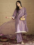 Varanga Women Elegant Three-Piece Brown Shimmer Kurta Set With Sequin Detailing, Solid Ankle-Length Trousers, And An Embroidered Dupatta