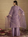 Varanga Women Elegant Three-Piece Brown Shimmer Kurta Set With Sequin Detailing, Solid Ankle-Length Trousers, And An Embroidered Dupatta