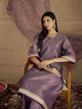Varanga Women Elegant Three-Piece Brown Shimmer Kurta Set With Sequin Detailing, Solid Ankle-Length Trousers, And An Embroidered Dupatta
