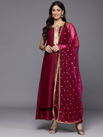 Varanga Women Fuchsia Lace Embellished Sleeveless Straight Kurta Paired With Tonal Plazzo And Dupatta
