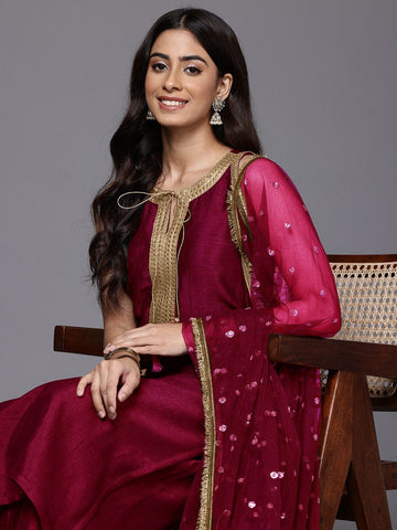 Varanga Women Fuchsia Lace Embellished Sleeveless Straight Kurta Paired With Tonal Plazzo And Dupatta