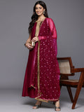 Varanga Women Fuchsia Lace Embellished Sleeveless Straight Kurta Paired With Tonal Plazzo And Dupatta