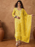 Kurta with thread embroidery paired with trousers with embroidered hem and booti embroidered dupatta