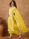 Kurta with thread embroidery paired with trousers with embroidered hem and booti embroidered dupatta