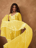 Kurta with thread embroidery paired with trousers with embroidered hem and booti embroidered dupatta