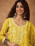 Kurta with thread embroidery paired with trousers with embroidered hem and booti embroidered dupatta