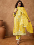 Kurta with thread embroidery paired with trousers with embroidered hem and booti embroidered dupatta