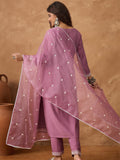 Kurta with thread embroidery paired with trousers with embroidered hem and booti embroidered dupatta