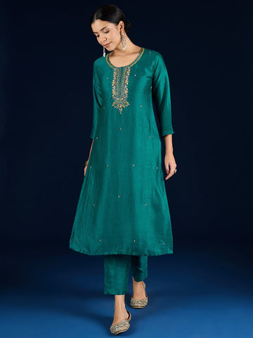 Varanga Purple 3-Piece Set With A Beadwork Yoke Kurta, Solid Trousers And Dupatta