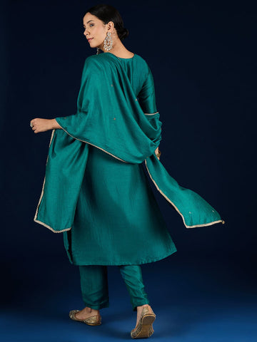 Varanga Purple 3-Piece Set With A Beadwork Yoke Kurta, Solid Trousers And Dupatta