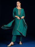Varanga Purple 3-Piece Set With A Beadwork Yoke Kurta, Solid Trousers And Dupatta
