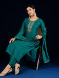 Varanga Purple 3-Piece Set With A Beadwork Yoke Kurta, Solid Trousers And Dupatta