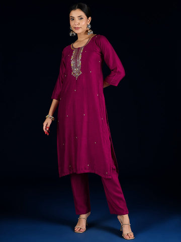 Varanga Purple 3-Piece Set With A Beadwork Yoke Kurta, Solid Trousers And Dupatta
