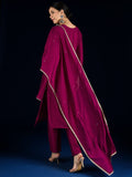 Varanga Purple 3-Piece Set With A Beadwork Yoke Kurta, Solid Trousers And Dupatta
