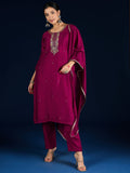 Varanga Purple 3-Piece Set With A Beadwork Yoke Kurta, Solid Trousers And Dupatta