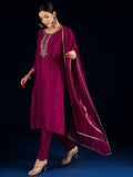 Varanga Purple 3-Piece Set With A Beadwork Yoke Kurta, Solid Trousers And Dupatta