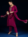 Varanga Purple 3-Piece Set With A Beadwork Yoke Kurta, Solid Trousers And Dupatta