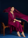 Varanga Purple 3-Piece Set With A Beadwork Yoke Kurta, Solid Trousers And Dupatta