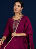 Varanga Purple 3-Piece Set With A Beadwork Yoke Kurta, Solid Trousers And Dupatta