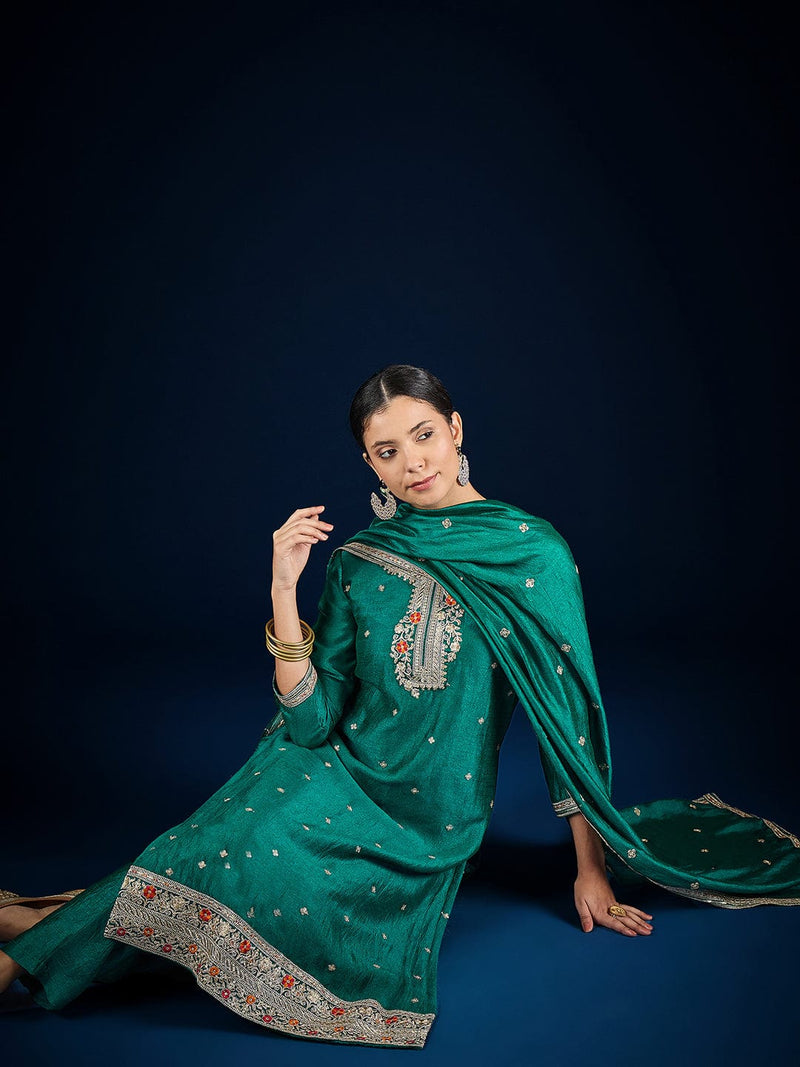 Varanga Teal Kurta Set Featuring Beadwork Detailing, Embroidered Hem Trousers, And A Hand-Embroidered Dupatta For A Timeless Ethnic Look.