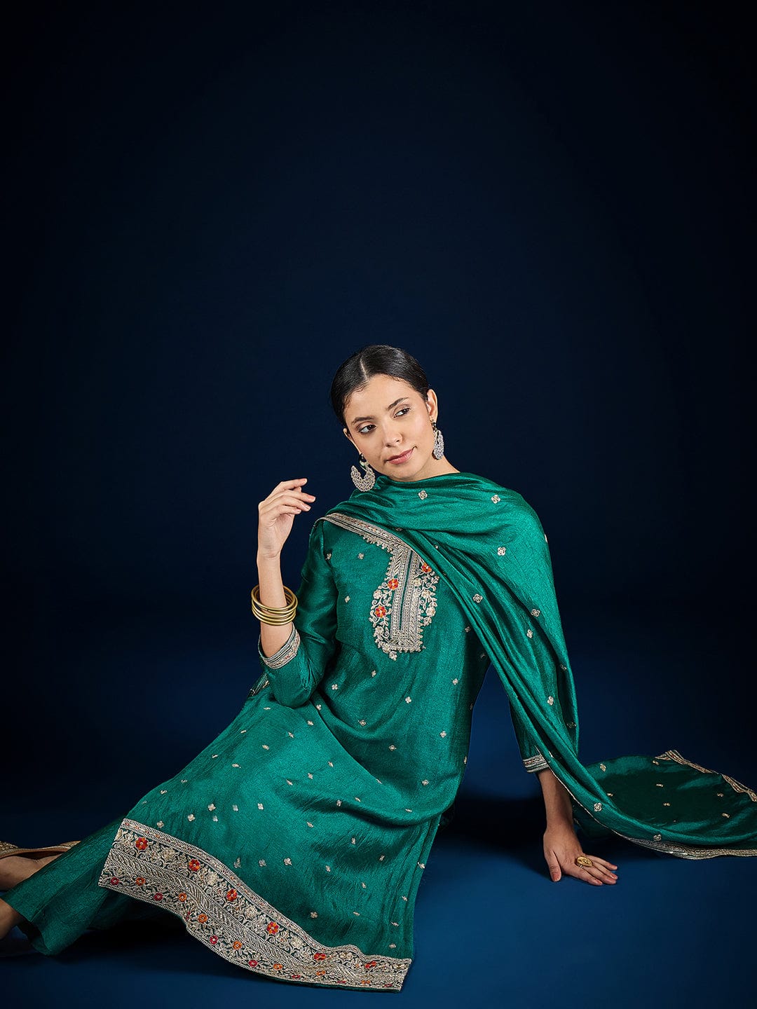 Varanga Teal Kurta Set Featuring Beadwork Detailing, Embroidered Hem Trousers, And A Hand-Embroidered Dupatta For A Timeless Ethnic Look.