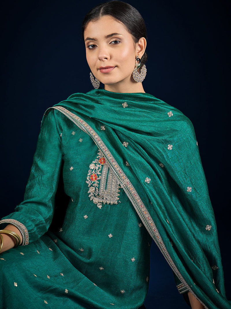 Varanga Teal Kurta Set Featuring Beadwork Detailing, Embroidered Hem Trousers, And A Hand-Embroidered Dupatta For A Timeless Ethnic Look.