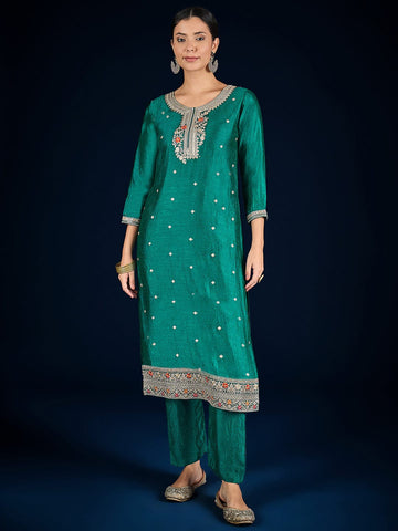 Varanga Teal Kurta Set Featuring Beadwork Detailing, Embroidered Hem Trousers, And A Hand-Embroidered Dupatta For A Timeless Ethnic Look.