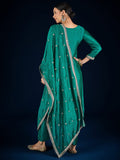 Varanga  Teal Kurta Set Featuring Beadwork Detailing, Embroidered Hem Trousers, And A Hand-Embroidered Dupatta For A Timeless Ethnic Look.
