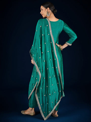 Varanga Teal Kurta Set Featuring Beadwork Detailing, Embroidered Hem Trousers, And A Hand-Embroidered Dupatta For A Timeless Ethnic Look.