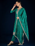 Varanga  Teal Kurta Set Featuring Beadwork Detailing, Embroidered Hem Trousers, And A Hand-Embroidered Dupatta For A Timeless Ethnic Look.